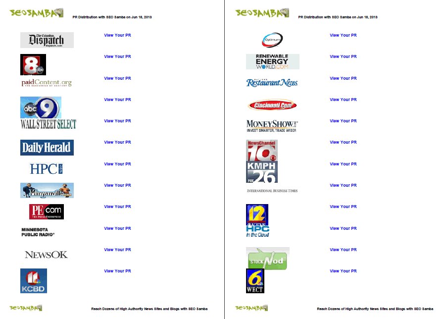 SeoSamba PR Service Reports