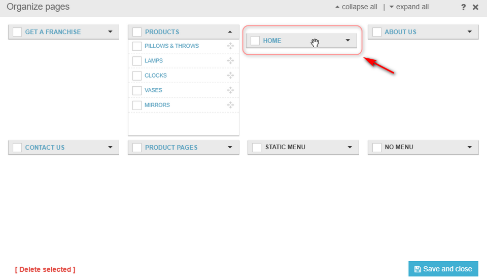 how to organize pages drag and drop catygories