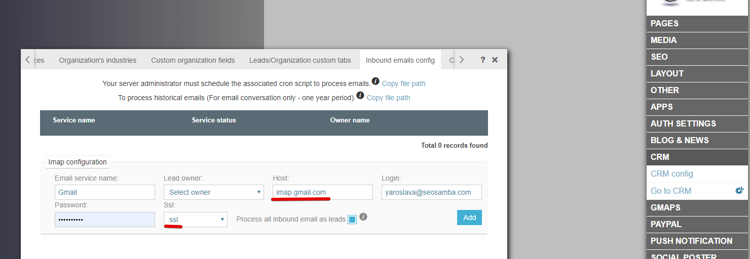 crm imap connection