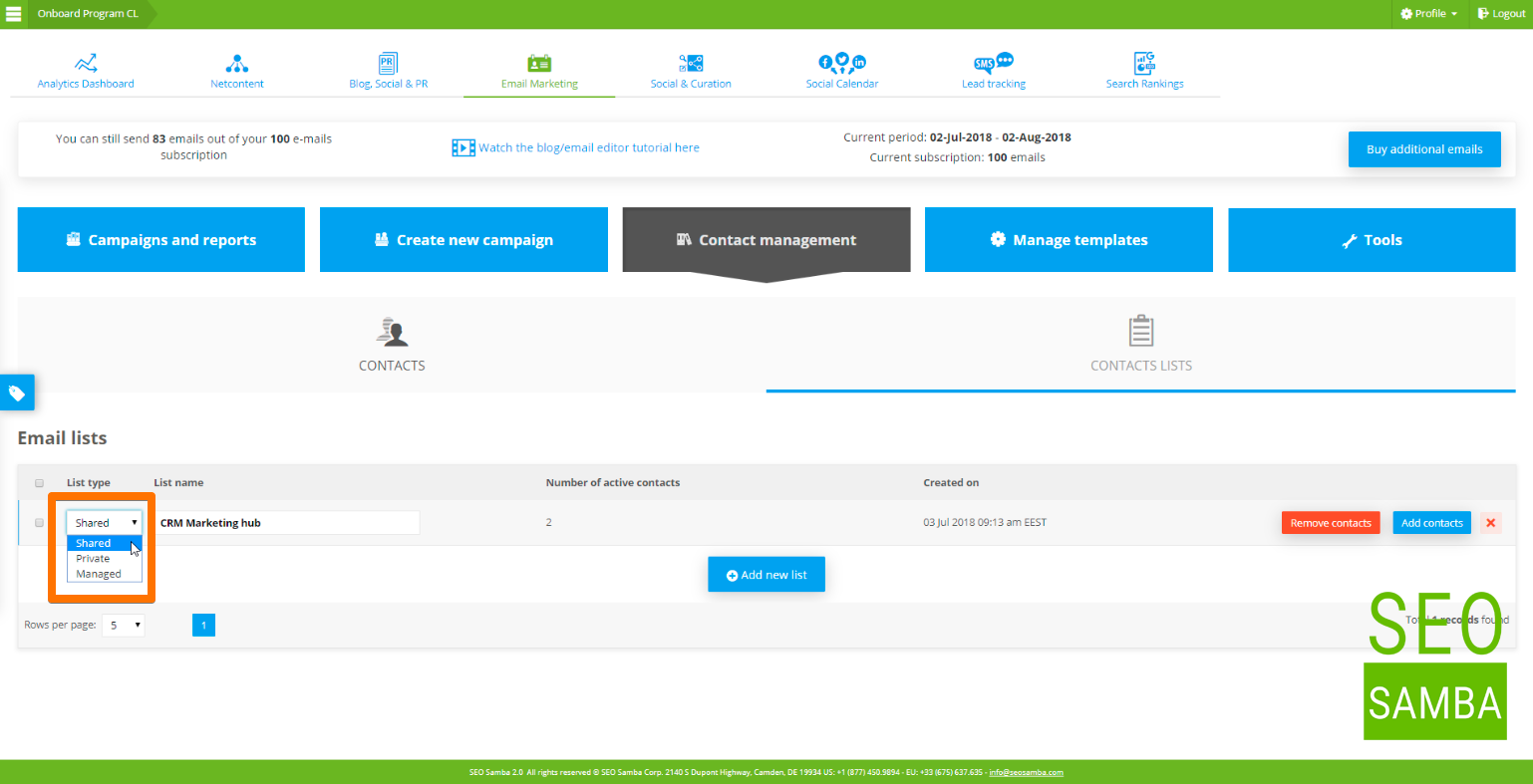 contact management list type
