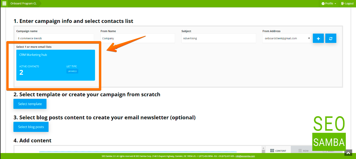 enter campaign info and select contact list