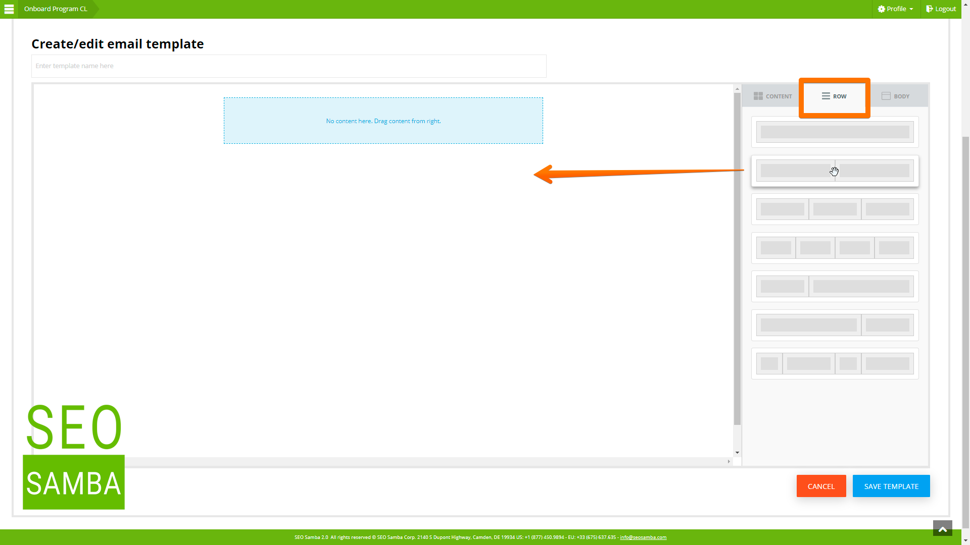 here you add rows to host your content